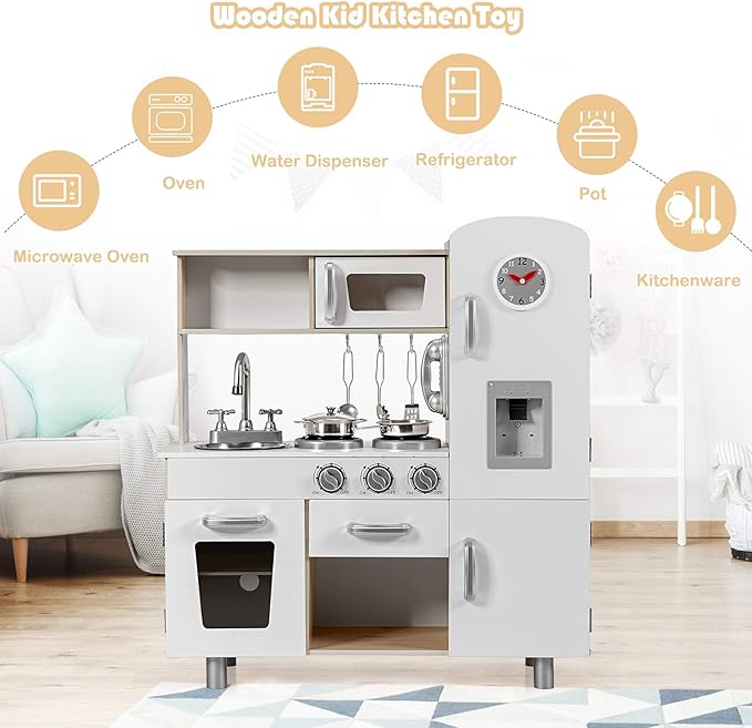 Costzon Kitchen Playset for Kids, Wooden Pretend Cooking Kitchen w/Utensils, Oven, Cabinets, Faucet, Sink & Telephone, Toddlers Play Kitchen Set with Accessories Gift for Age 3+ (Natural)