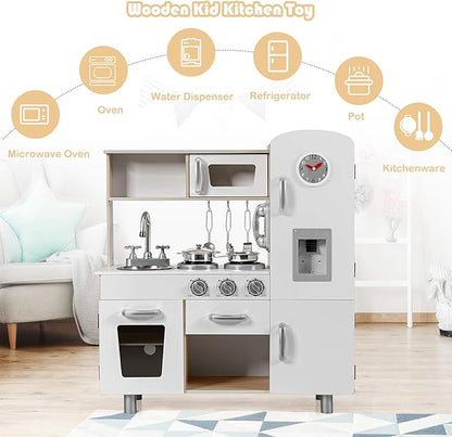 Costzon Kitchen Playset for Kids, Wooden Pretend Cooking Kitchen w/Utensils, Oven, Cabinets, Faucet, Sink & Telephone, Toddlers Play Kitchen Set with Accessories Gift for Age 3+ (Natural)