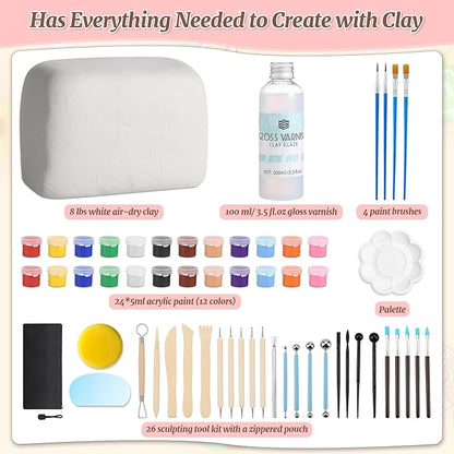 Natural Air-Dry Clay, 8 LBs Pottery Clay with 100ML Glaze Gloss Clay Varnish Protects and 27 PCS Pottery Tools Sculpting Tool Set, Air-Dry Clay Kit for Adults Beginner DIY Craft Gift
