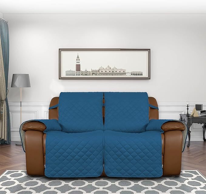 Easy-Going Oversized Loveseat Recliner Cover, Reversible Couch Cover for Double Recliner, Split Sofa Cover for Each Seat with Elastic Straps for Kids, Dogs(Oversized 2 Seater, Peacock Blue/Beige)