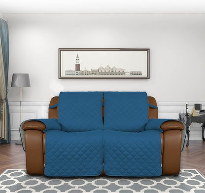 Easy-Going Oversized Loveseat Recliner Cover, Reversible Couch Cover for Double Recliner, Split Sofa Cover for Each Seat with Elastic Straps for Kids, Dogs(Oversized 2 Seater, Peacock Blue/Beige)