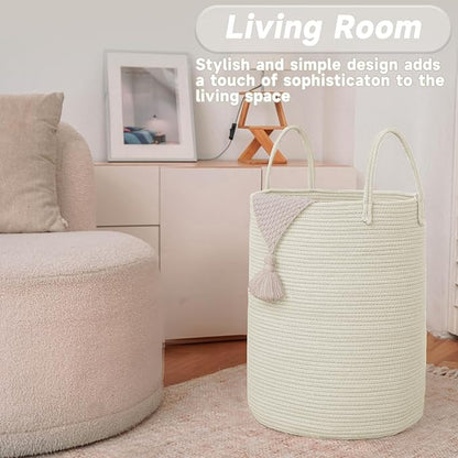 JMvicyroam Large Woven Laundry Basket Hamper,60L Cotton Rope Storage Bin for Blankets,Toys and Clothes,Decorative Tall Nursery Hamper for Living Room,Baby Nursery,Bathroom and Bedroom,White