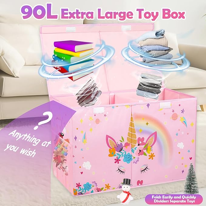 Mabahoo Large Toy Box, Collapsible Sturdy Kids Storage Organizer for Boys Girls, 25"x13"x16" Storage Box with Lids, Toy Chest Bins Basket for Living Room, Playroom, Nursery, Pink