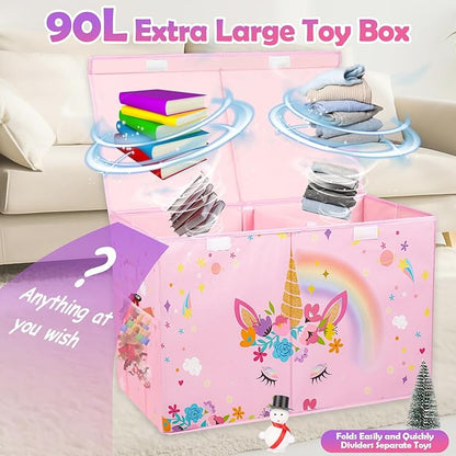 Mabahoo Large Toy Box, Collapsible Sturdy Kids Storage Organizer for Boys Girls, 25"x13"x16" Storage Box with Lids, Toy Chest Bins Basket for Living Room, Playroom, Nursery, Pink