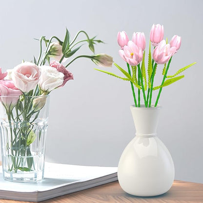 Flower Bouquet Building Toy Set Tulips, Botanical Building Blocks for Adults Home Office Decor Pink Color