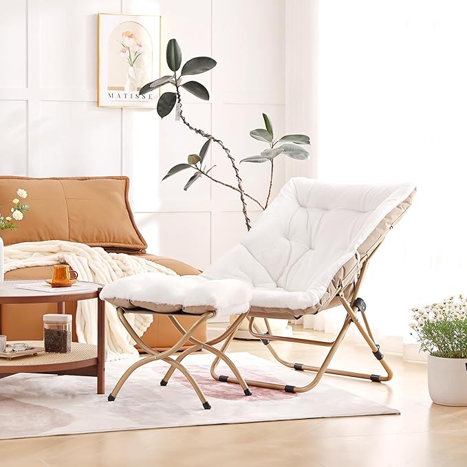 Comfy Saucer Chair with Ottoman, Oversized Folding Faux Fur Chair Soft Furry Lounge Lazy Chair with Metal Frame Moon Chair Accent Chair for Bedroom, Living Room, Dorm Rooms