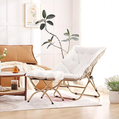 Comfy Saucer Chair with Ottoman, Oversized Folding Faux Fur Chair Soft Furry Lounge Lazy Chair with Metal Frame Moon Chair Accent Chair for Bedroom, Living Room, Dorm Rooms