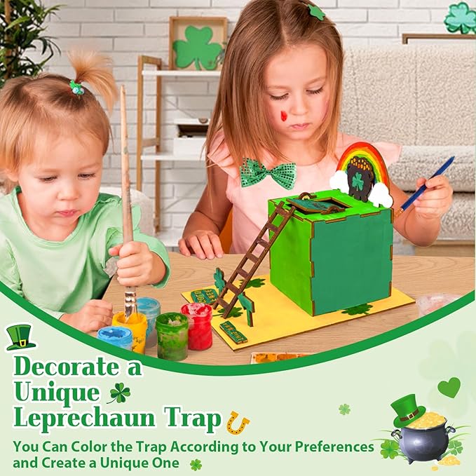 RGJ St Patrick's Day Leprechaun Trap Kit for Kids, Wooden DIY Leprechaun Trap Craft Kit to Catch A Leprechaun, St Patrick's Day Decorations for Kids Party Supplies (Unfinished Painted)