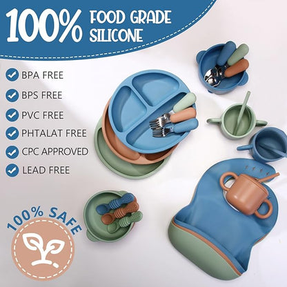24 Pack Silicone Baby Feeding Set Baby LED Weaning Supplies Includes Suction Divided Plates Soft Bowl Spoons Forks Adjustable Bib Snack Cup and Straws(Dark Green, Dark Blue, Walnut Color)