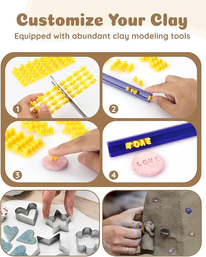 Anpro Air Dry Clay for Adults, Air-Dry Clay Starter Kit for Beginners Clay Kit,Valentines Day Decorations, 19 Clay Tools Kit, 12 Paints, 26 Letter DIY Clay Cutters, Varnish, Guide, Colored Rocks