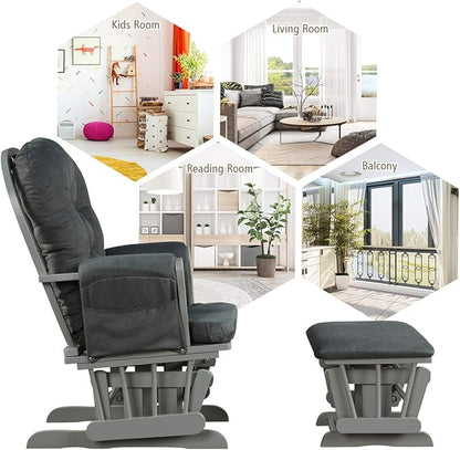 Costzon Nursery Glider with Ottoman, Upholstered Comfort Glider Rocker with Padded Cushion, Storage Pocket, Solid Wood Base, Rocking Chair Nursery for Breastfeeding, Maternity, Napping (Dark Gray)