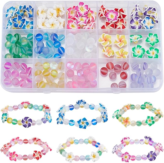 SUNNYCLUE 1 Box 150Pcs 6 Sets Flower Bracelet Making Kit Plumeria Flowers Beads with 10m Crystal String Summer Hawaii Ocean Beach Moonstone Beads for Jewelry Making Adults Supplies Adults Beginner