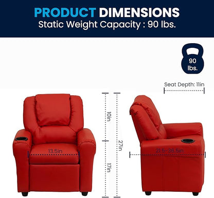 Flash Furniture Vana Vinyl Kids Recliner with Cup Holder, Headrest, and Safety Recline, Contemporary Reclining Chair for Kids, Supports up to 90 lbs., Red