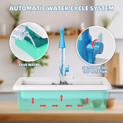 Doloowee Color Changing Kitchen Sink Toys,Electric Dishwasher Playing Toy Play Sink for Kids 3-5 with Running Water,Upgraded Faucet and Play Dishes,Pretend Play Kitchen Toys for Kids Boys Girls(Blue)