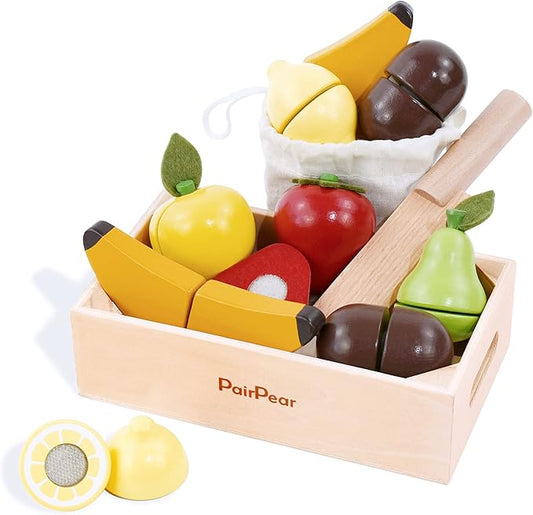PairPear Wooden Play Food Cutting Fruit Set - Wooden Toys for Toddlers Toy Food Play Kitchen Accessories