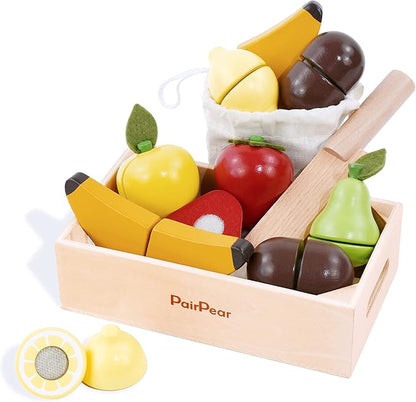 PairPear Wooden Play Food Cutting Fruit Set - Wooden Toys for Toddlers Toy Food Play Kitchen Accessories