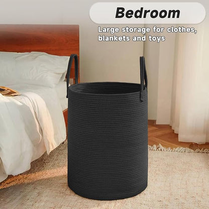 JMvicyroam Large Woven Laundry Basket Hamper,100L Cotton Rope Storage Bin for Blankets,Toys and Clothes,Decorative Tall Nursery Hamper for Living Room,Baby Nursery,Bathroom and Bedroom,Black