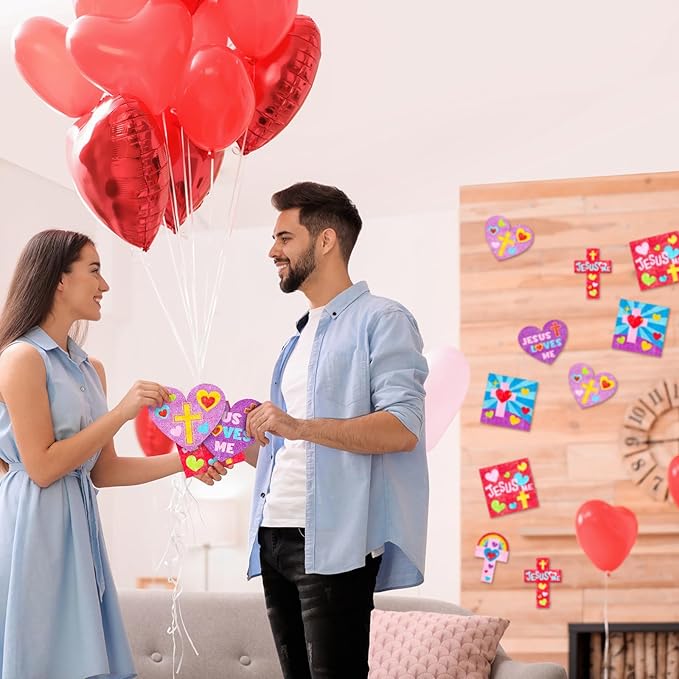 24 Sets Valentine's Day Religious Craft Kit Jesus Loves Me Sand Art Heart Crosses Painting Kit with Colored Sand Brushes Valentine Christian for Valentine Gift Sunday School DIY Activities