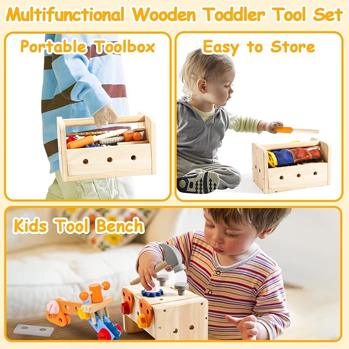 Wooden Kids Tool Set, Toddler Tool Bench with Apron 2 Year Old Toys Gift STEM Montessori Toys for 2 3 4 Year Olds Pretend Play Toddler Tool Set Educational Construction Toy for Toddler(39PCS)