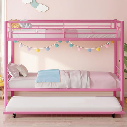 VECELO Twin Over Twin Bunk Bed with Trundle, Convertible Metal Bunkbeds with 2 Ladders and Guardrails, Space Saving, No Box Spring, Pink