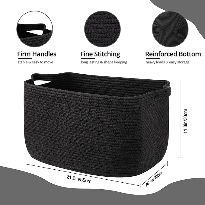 OIASKET 70L Large Blanket Basket, 21.6" x 16.9" x 11.8" Woven Storage Basket for Living Room, Nursery Blanket Storage for Toys, Towels, Dirty Clothes (Black)
