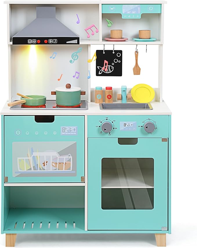 CUTE STONE Play Kitchen for Kids, Wooden Kitchen Playset with Real Lights & Sounds, Toy Kitchen Set with Cookware Accessories, Chef Pretend Play Kitchen Set for Toddlers Girls Boys