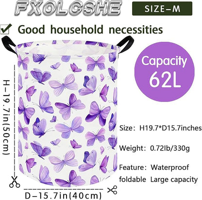 Butterfly hamper,Purple Laundry Basket,Baby Nursery Hamper,Waterproof foldable girls toy storage box,Dirty Clothes Hampers,Flower house decor(Purple Butterflies)