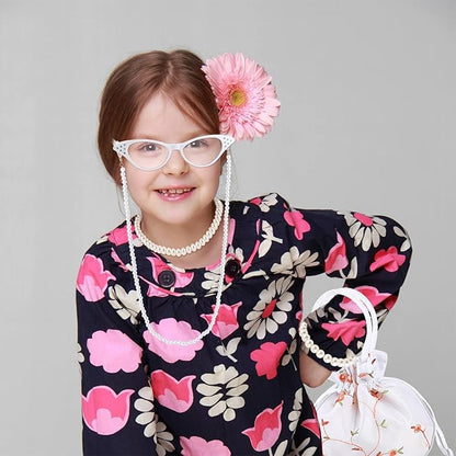 9 PCS 100 Days of School Old Lady Wig Set Include Wig Glasses Necklace Bracelet Glasses Chain Bag Cane and Stickers