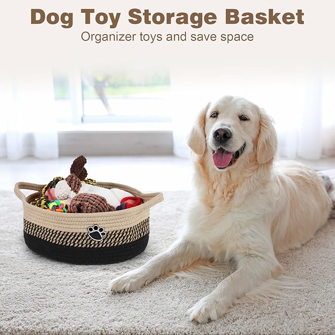 Optish Dog Toy Easter Basket, Toy Box and Bin for Dog Cat Storage, 13.5" X 11" X 5" Small Woven Rope Basket for Baby Storage, Closet, Living Room, Brown & Black