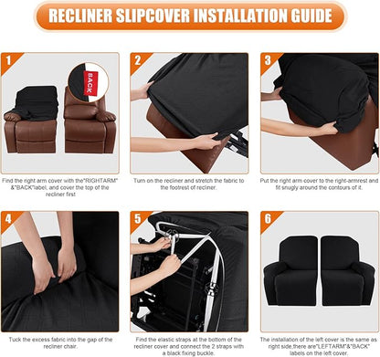 VANSOFY Recliner Cover, 2-Pieces Stretch Reclining Couch Cover with Pockets Loveseat Sofa Slipcovers Soft Washable Furniture Protector for Dogs Cats(Black)