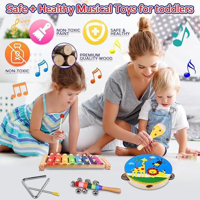 Kids Musical Instruments Set, 20 Pcs Toddler Wooden Percussion Instruments for Baby Children with Tambourine Xylophone Maracas, Preschool Musical Toys Set for Boys and Girls with Carrying Bag