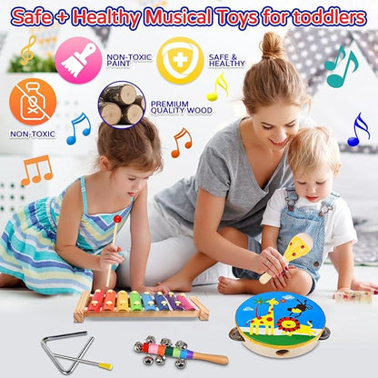 Kids Musical Instruments Set, 20 Pcs Toddler Wooden Percussion Instruments for Baby Children with Tambourine Xylophone Maracas, Preschool Musical Toys Set for Boys and Girls with Carrying Bag