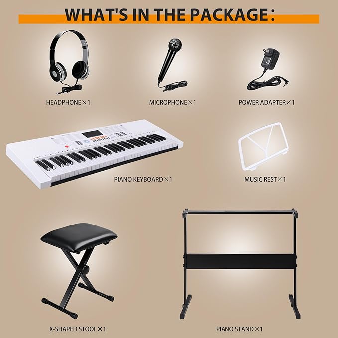 Smartxchoices 61-Key Electronic Keyboard Piano Stand Portable LED Display Keyboard Kit with Adjustable Stand, Adjustable Stool, Headphones, Microphone & Music Rest, White