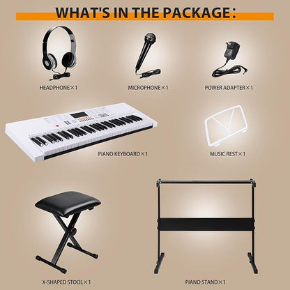 Smartxchoices 61-Key Electronic Keyboard Piano Stand Portable LED Display Keyboard Kit with Adjustable Stand, Adjustable Stool, Headphones, Microphone & Music Rest, White