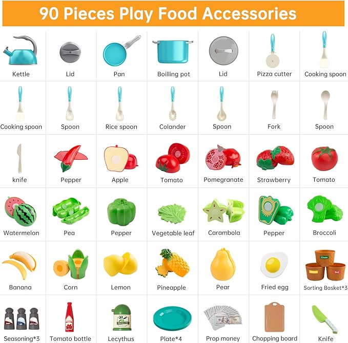 90Pcs Kitchen Playset Accessories, Pretend Cooking with Pots, Pans, Cookware, Food, Fruit, Veges, Color Sorting Baskets, Prop Money, Learning Gift for Girls Boys Toddlers (Turquoise)