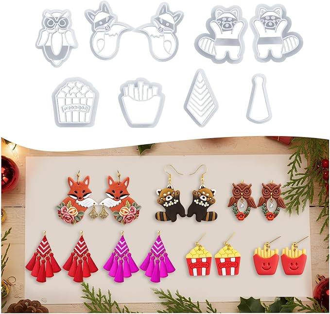 9 Pack Christmas Themed Polymer Clay Cutters - Owl/Squirrel/Raccoon/Tassel Earrings/Fries, Ideal Polymer Clay Molds & Polymer Clay Earring Cutters for Christmas Jewelry Making