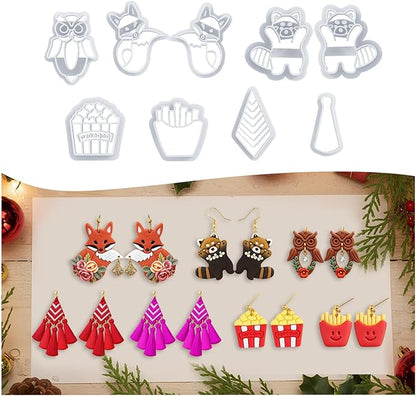 9 Pack Christmas Themed Polymer Clay Cutters - Owl/Squirrel/Raccoon/Tassel Earrings/Fries, Ideal Polymer Clay Molds & Polymer Clay Earring Cutters for Christmas Jewelry Making