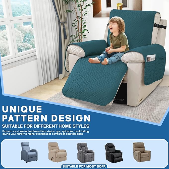 XINEAGE 100% Waterproof Recliner Cover, Non Slip Recliner Chair Cover with Elastic Band, Washable Recliner Slipcover with Storage Pockets for Kids, Pets (Blackish Green, 23")