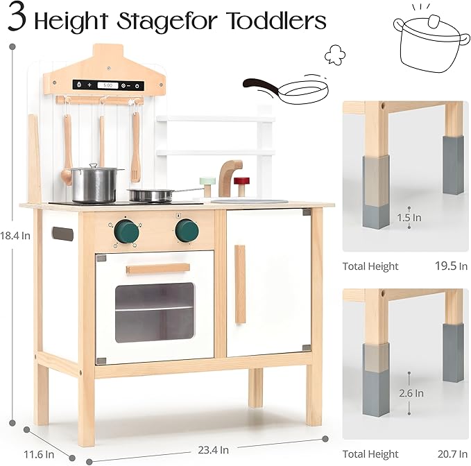 PairPear Play Kitchen for Kids, Wooden Toys Kids Kitchen Playset for Girls and Boys, Mordern Designed Toys Kitchen Gift with Play Food Kitchen Accessoires for 3Y+