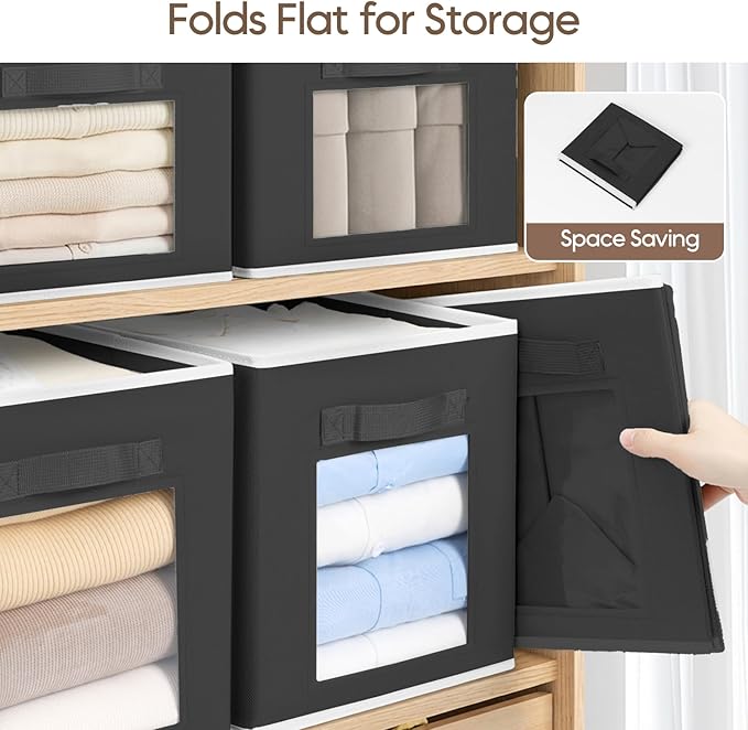 Homsorout Foldable Storage Cubes - Square Organizer with Window, Decorative Baskets for Organizing, Fabric shelf Basket for Clothes, 11 Inch Closet Storage Cubes, Set of 16, Black