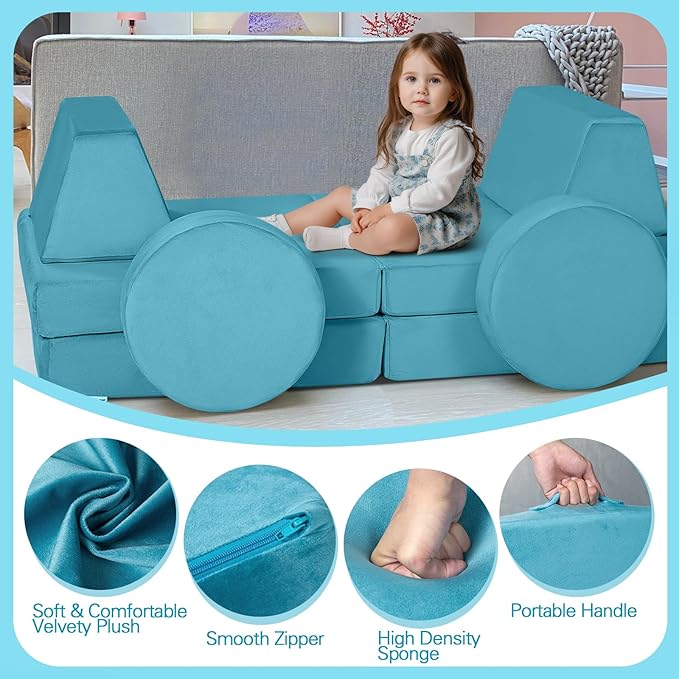 MeMoreCool Modular Kids Play Couch Sofa, 8-Piece Convertible Turquoise Toddler Sofa Play Set for Playroom and Baby