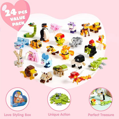JOYIN 24 Packs Valentines Animal Building Blocks with Hearts Party Favors Boxes for Kids Valentine Classroom Prize Supplies, Classroom Gift Exchange School Rewards