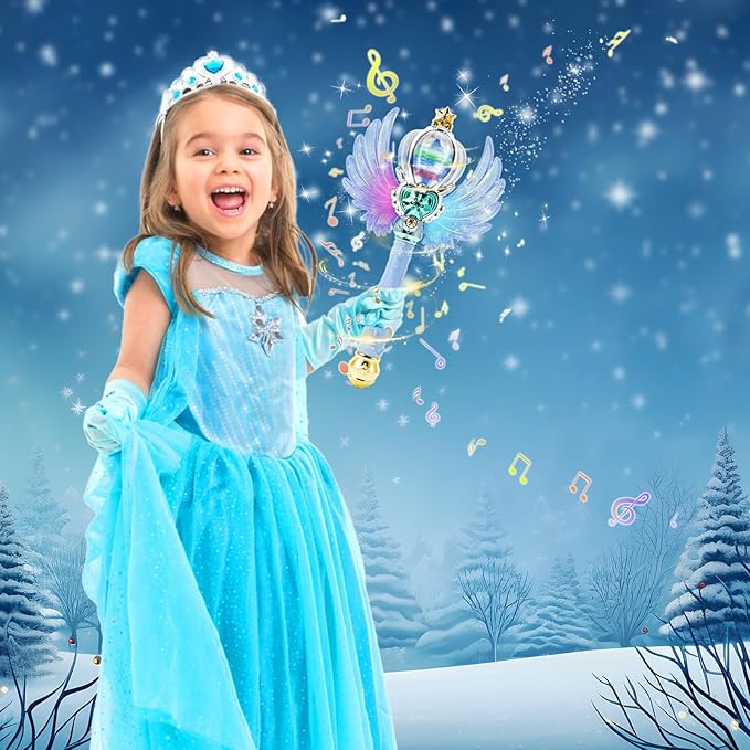 Light Up Snowflake Wand with Spinning LEDs and Sound Magic Princess Toys for Kids Girls Birthday Cosplay Party Favors, Blue