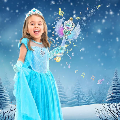 Light Up Snowflake Wand with Spinning LEDs and Sound Magic Princess Toys for Kids Girls Birthday Cosplay Party Favors, Blue