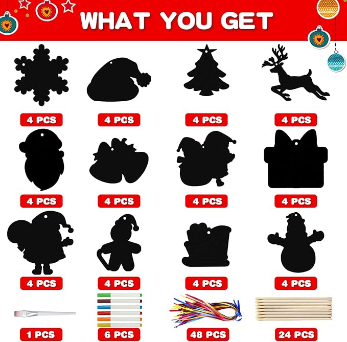 Max Fun Christmas Crafts Scratch Art for Kids, 48PCS Magic Rainbow Scratch Off Paper Cards, Christmas Ornaments Hanging Art for Kids Party Favors Supplies, Stocking Stuffers Educational Toys