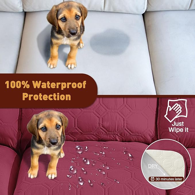 XINEAGE 100% Waterproof Recliner Chair Cover, Non Slip Covers for Recliner Chair with Pocket, Washable Dog Recliner Couch Cover with Elastic Straps (Wine Red, 23.6")