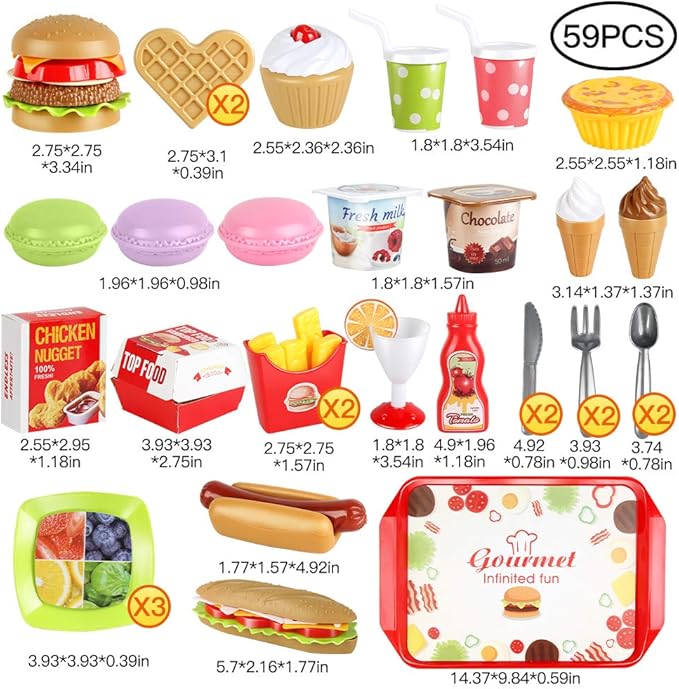 Fast Food Set 59 PCS Kitchen Toy Set for Pretend Play, Kitchen Accessories ,Removable Food Toy, Kids Toddlers Play Food Toys, Party Favor Christmas Stocking Stuffers
