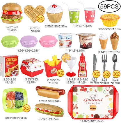 Fast Food Set 59 PCS Kitchen Toy Set for Pretend Play, Kitchen Accessories ,Removable Food Toy, Kids Toddlers Play Food Toys, Party Favor Christmas Stocking Stuffers