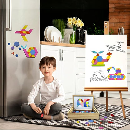 Wooden Pattern Blocks Set, 231 PCS Magnet Pattern Blocks, a Pattern Book and 9 Double-Sided Puzzle Cards, Tangrams for Kids Ages 3+, Early Math Geometric Shapes Concepts Learning Resource