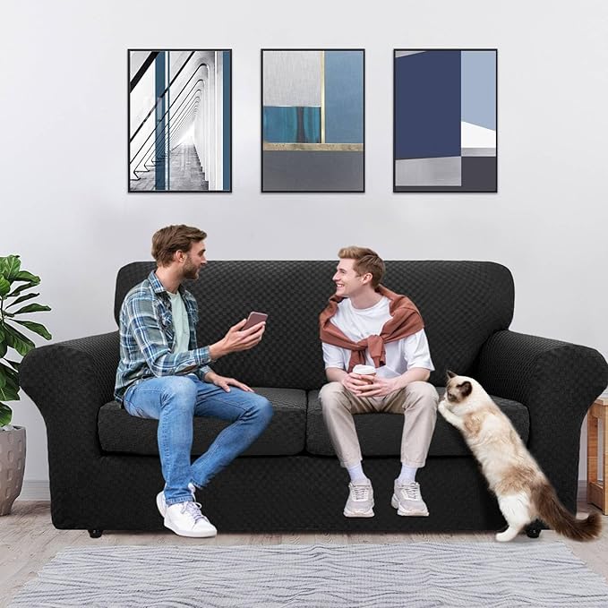 MAXIJIN 3 Piece Stretch Couch Covers for 2 Cushion Couch Sofa Slipcovers with 2 Extra Large Seat Cushion Couch Jacquard Loveseat Sofa Couch Cover for Dogs (2 Cushion Sofa, Black)